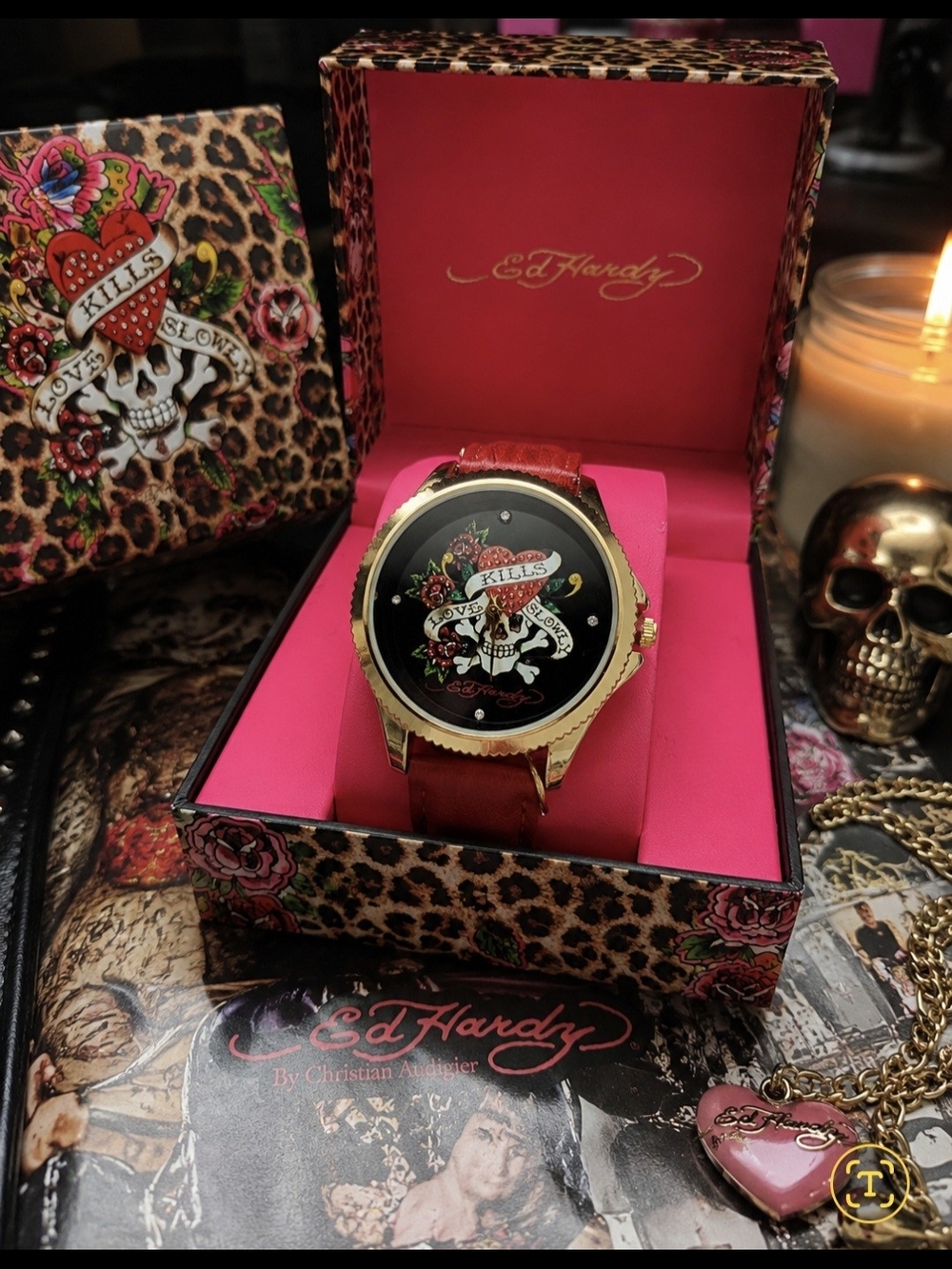 Ed Hardy Women’s Red Leather Tattoo Skull Watch